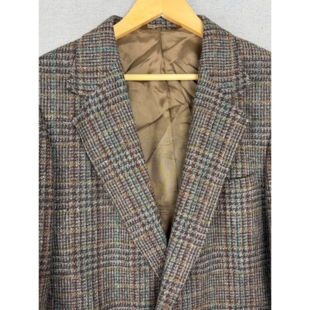 Vintage Bespoke Plaid Wool Blend Blazer‎ Jacket Brown Multi 40L Sears